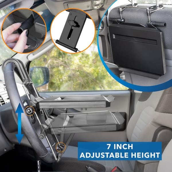 Height Adjustable Steering Wheel and Head Rest Laptop Tray