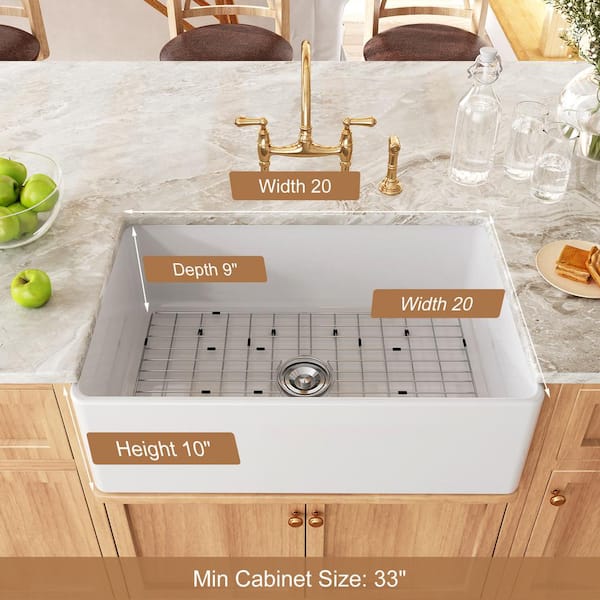 White Fireclay 30 in. x 20 in. Single Bowl Farmhouse Apron Front Kitchen Sink with Bottom Grid and Strainer