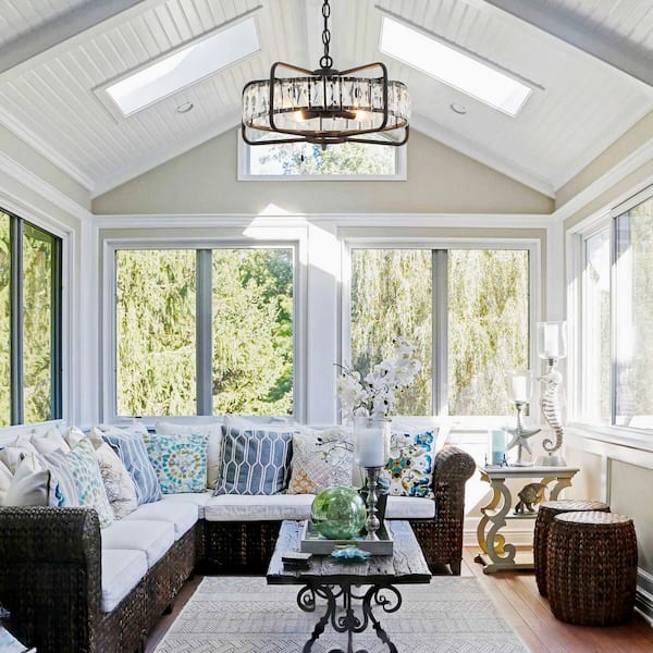 17 in. 4-Light Black Modern Crystal Chandelier with Metal Geometric Frame