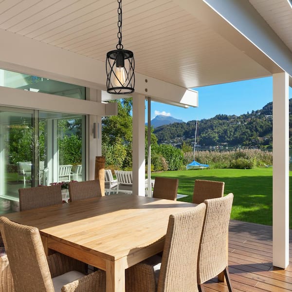 Modern Lantern Outdoor Hanging Light TORA 1-Light Black Drum Outdoor Pendant Light with Glass Shade