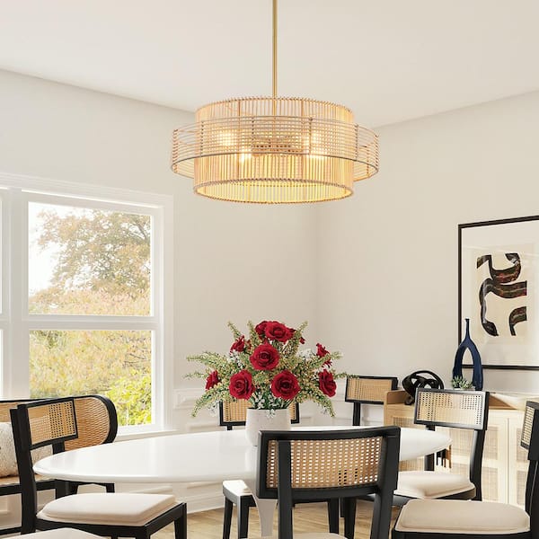 Saturn 22 in. 4-Light Brass Modern Bohemian Chandelier with Natural Rattan Shade