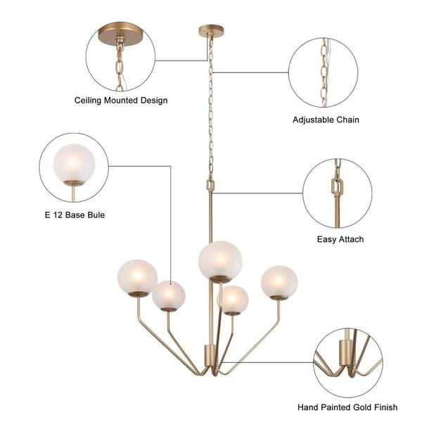 Mid-Century Modern Living Room Chandelier 5-Light Brass Gold Globe Chandelier with Frosted Glass Shades