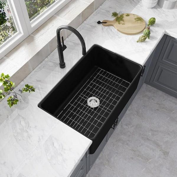 Fireclay 30 in. L x 18 in. W Black Single Bowl Farmhouse Apron Kitchen Sink with Grid and Strainer