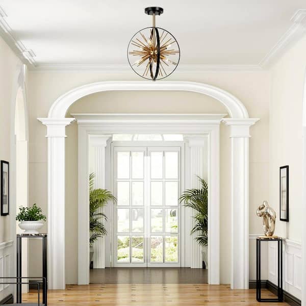 Modern Sputnik Ceiling Light 6-Light Black and Brass Globe Semi-Flush Mount Light for Bedroom