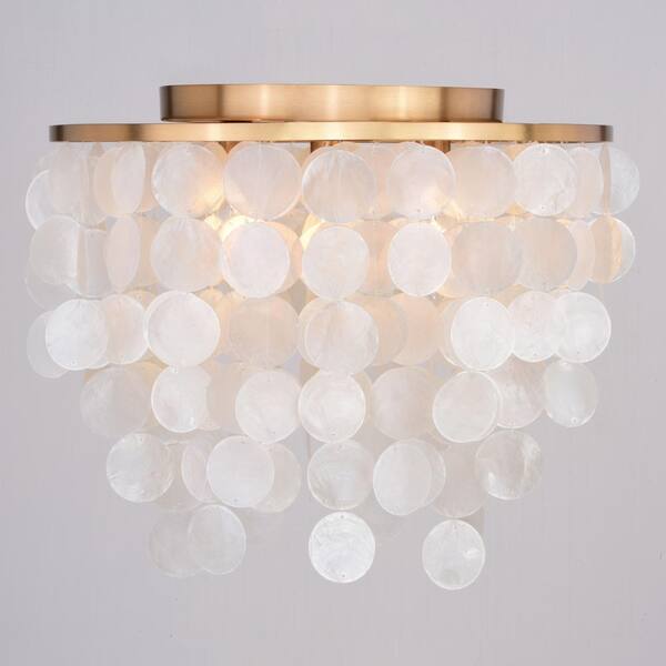 Elsa 60-Watt 3-Light Gold Brass Waterfall Pendant Light with Capiz Shells Modern Coastal Glam Fixture