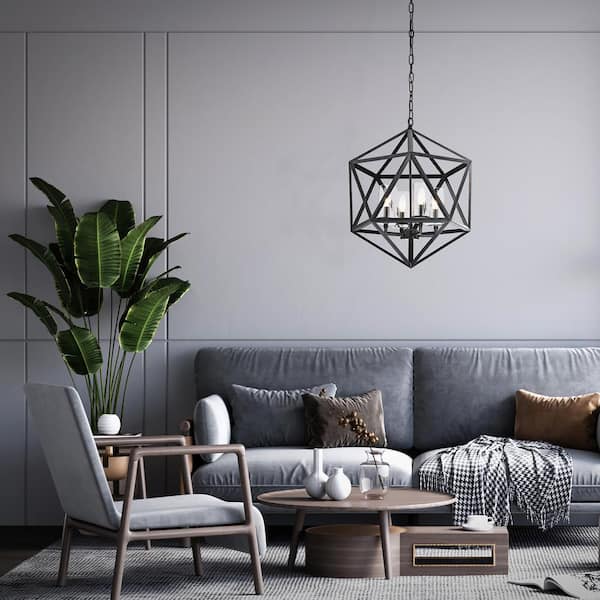 Renzo 4-Light Antique Black Geometric Iron Modern Farmhouse Cage Chandelier with Clear Glass Shades