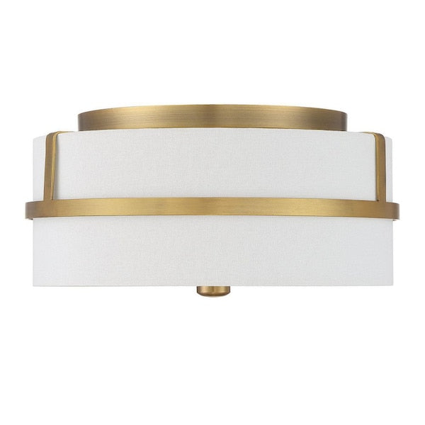 13 in. W x 6 in. H 2-Light Natural Brass Outdoor Flush Mount Light with White Glass Drum Shade