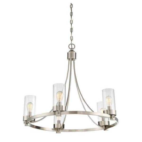 Meridian 26 in. W x 23 in. H 5-Light Brushed Nickel Chandelier with Clear Glass Cylindrical Shades