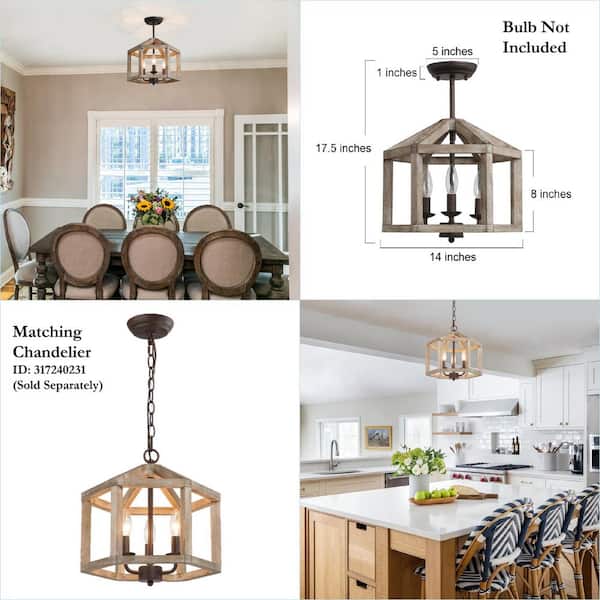 Rustic Drum Bronze Wood Semi-Flush Mount, Industrial Geometric 3-Light Farmhouse Candlestick Antique Ceiling Lighting