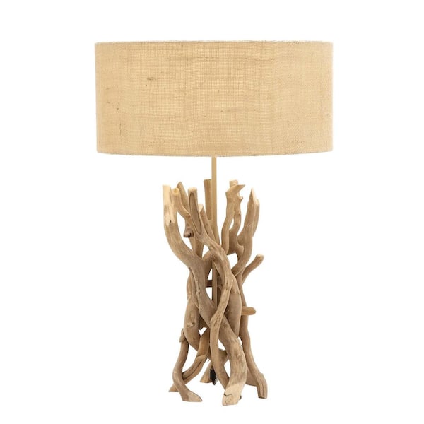 24 in. Light Brown Driftwood Handmade Task and Reading Table Lamp with Cream Linen Shade