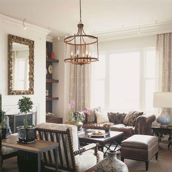 Farmhouse Drum Chandelier 6-Light Rusty Bronze Cage Classic Chandelier for Foyer Candlestick Pendant Light