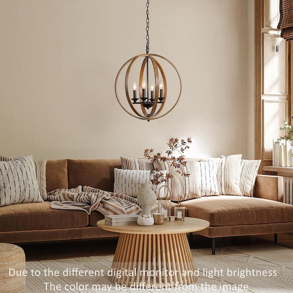 Modern Farmhouse 20 in. 4-Light Black Artisan Iron Orb Chandelier with Painted Pine Wood Accents Pendant Light