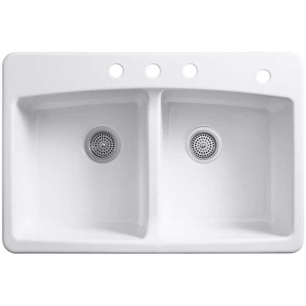 Brookfield White Cast Iron 33 in. 4-Hole Double Bowl Drop-in Kitchen Sink