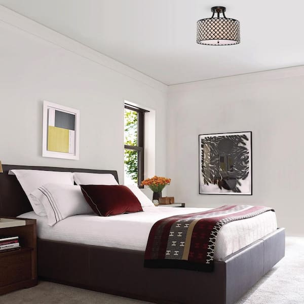 Belle 15 in. 3-Light Glam Antique Black Semi-Flush Mount with Crystal Beaded Drum Shade