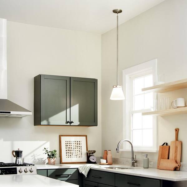 Hendrik 8.75 in. 1-Light Brushed Nickel Contemporary Shaded Kitchen Mini Pendant Hanging Light with Etched Glass