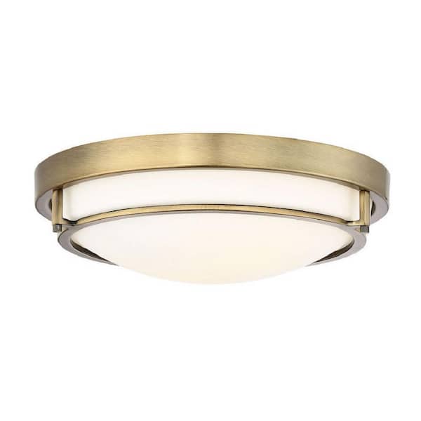 13 in. W x 4 in. H 2-Light Semi-Flush Mount with Natural Brass Metal Ring and White Glass Shade