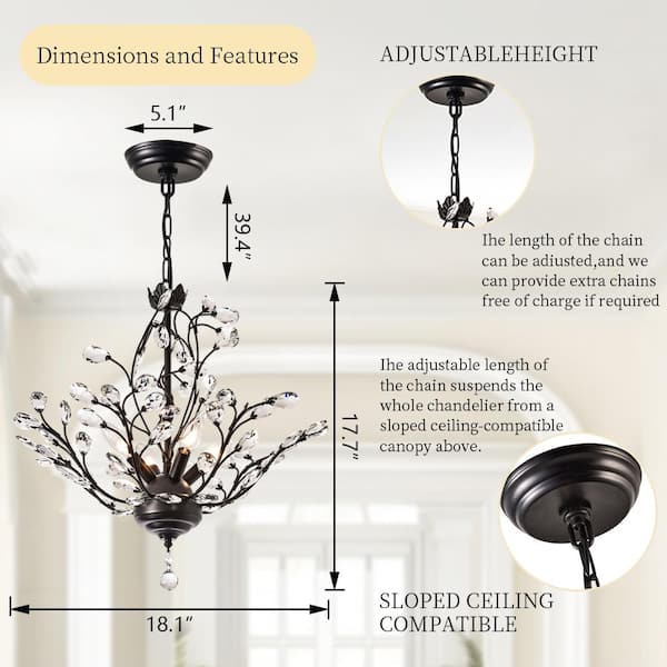 Chicago 4-Light Black Unique Classic/Traditional Chandelier with Crystal Accents