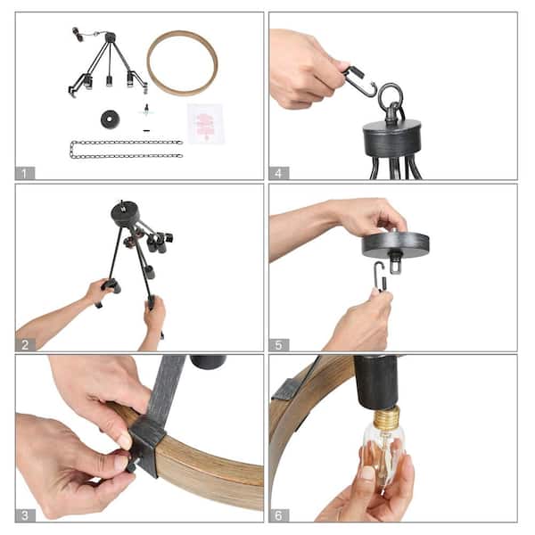 Brown Round Chandelier, Rustic 5-Light Wagon Wheel Black Chandelier Farmhouse Island Pendant Light with Wood Accents