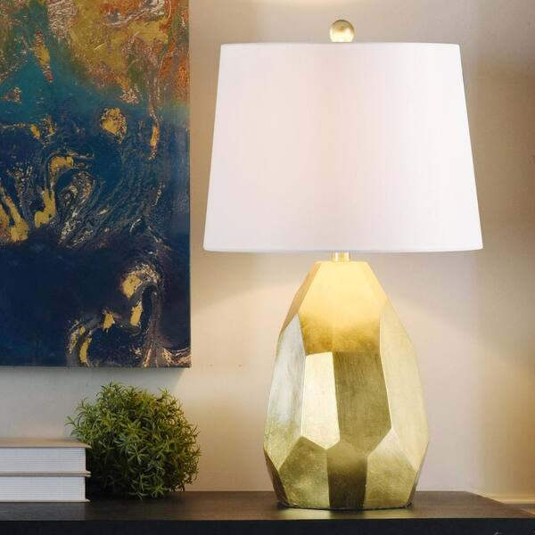 25 in. Gold/Distressed Silver/Faux Cracks Table Lamp with Geneva White Hardback Fabric Shade