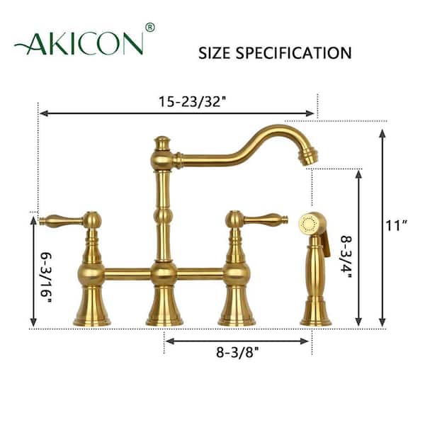 Double Handle Bridge Kitchen Faucet with Side Sprayer in Brushed Gold
