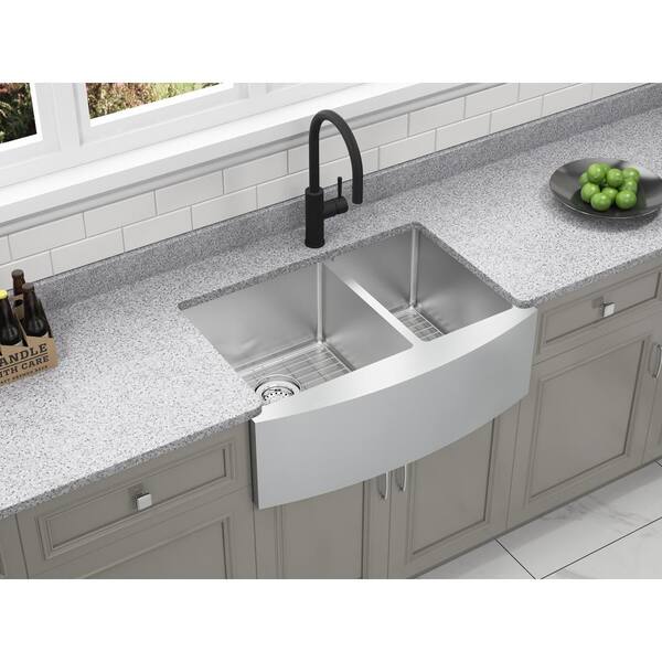 Parketon Undermount Stainless Steel 30 in. 60/40 Double Bowl Curved Farmhouse Apron Front Kitchen Sink