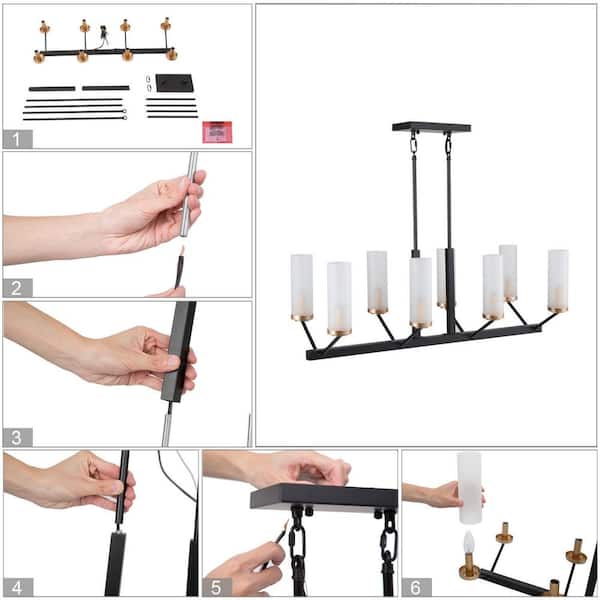 Black Chandelier Modern Industrial Linear 8-Light Kitchen Island Pendant Light with Frosted Glass Shades