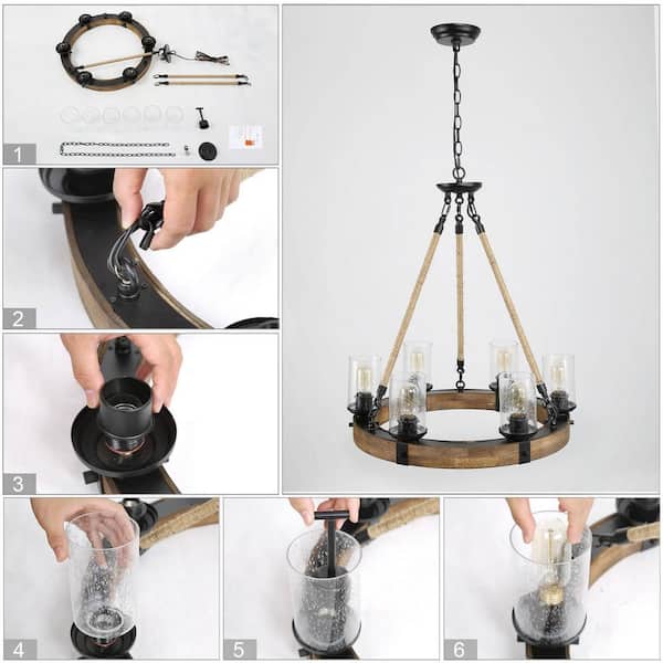 Farmhouse Chandelier 6-Light Black Wagon Wheel Wood Island Chandelier with Clear Seeded Glass Shade and Rope Accents
