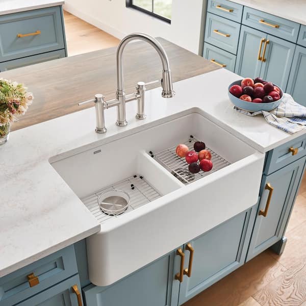 Ikon White Granite 33 in. Double Bowl Farmhouse Apron Kitchen Sink