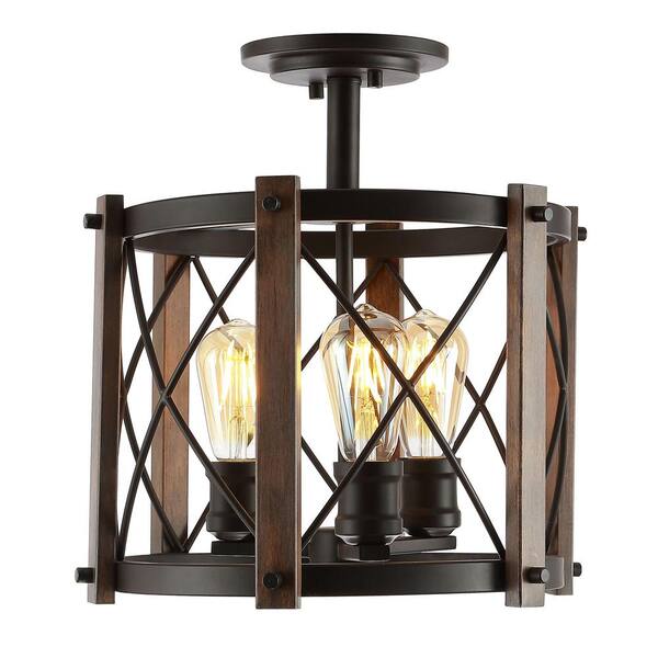 Ferme 14 in. 3-Light Iron Rustic Farmhouse LED Flush Mount, Brown/Oil Rubbed Bronze