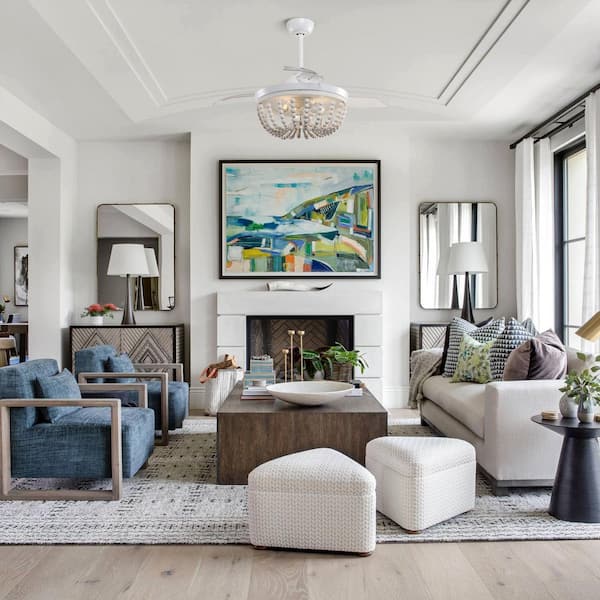 Huang 42 in. Wooden Beads Retractable 3-Blade White Ceiling Fan Chandelier with Remote Control and Light Kit