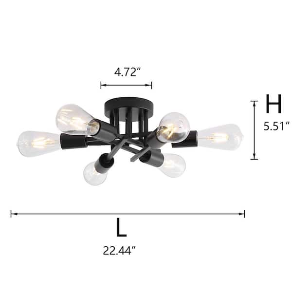 Industrial 22 in. 6-Light Black Linear Semi-Flush Mount Light Sputnik Ceiling Light
