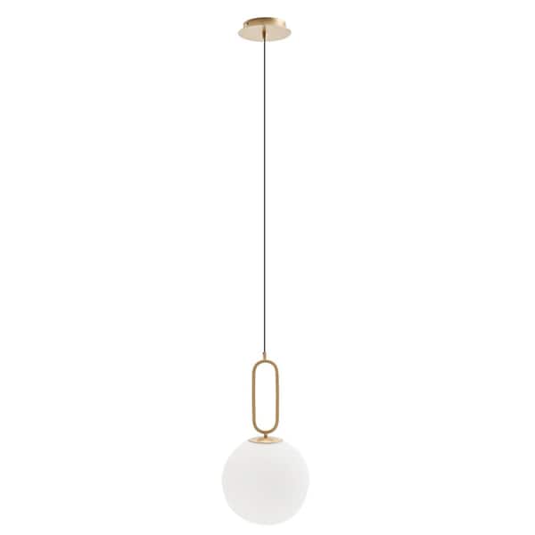 Modern Style 60-Watt Opal Gold Accent Glass Globe Pendant Light with Adjustable Height, Frosted White Shade