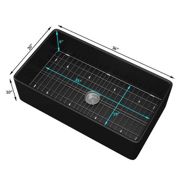Black Fireclay 36 in. Single Bowl Farmhouse Apron Kitchen Sink with Bottom Grid and Basket Strainer