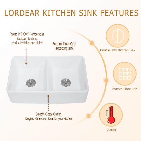 White Fireclay 32 in. Double Bowl Farmhouse Apron Front Kitchen Sink