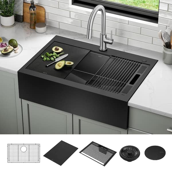 Rivet 16 Gauge Black Stainless Steel 33 in Single Bowl Farmhouse Apron Workstation Kitchen Sink in PVD Gunmetal Finish