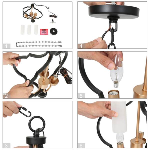 Modern 3-Light Black and Gold Chandelier with Glass Shade Candlestick Pendant Light