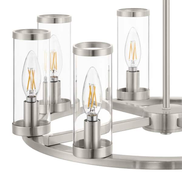 Loveland 8-Light Brushed Nickel Wagon Wheel Chandelier Light Fixture with Clear Glass Shades