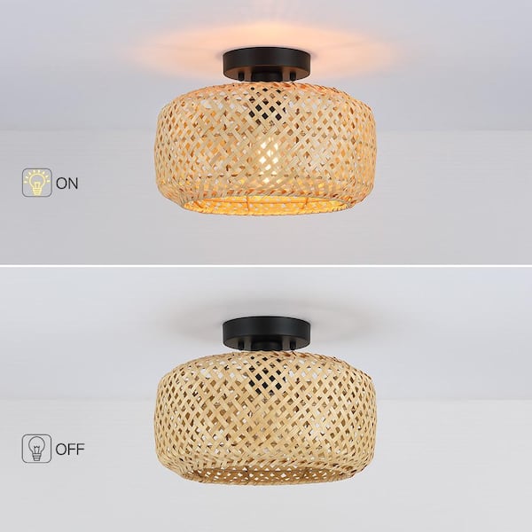 Bungalo 12 in. 1-Light Black/Wheat Bohemian Bamboo Semi-Flush Mount Light with Black Hardware