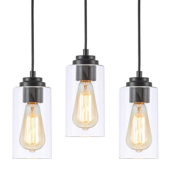 1-Light Black Island Pendant Light with Cylinder Clear Glass(3-Pack)