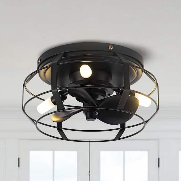 12.2 in. Modern Caged Flush Mount Black Ceiling Fan with Light and Remote Control