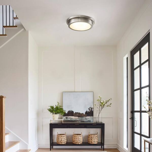 14 in. 1-Light Brushed Nickel Dimmable 30-Watt LED Flush Mount Ceiling Light with Glass Shade