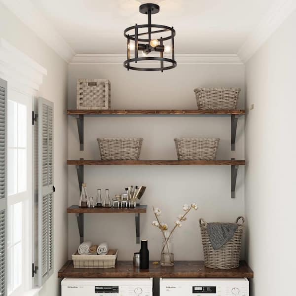 Black Semi Flush Mount Rustic 4-Light Drum Farmhouse Ceiling Lights Bronze Bedroom Ceiling Light Fixtures