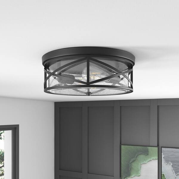 Industrial 13.77 in. 2-Light Black Farmhouse Flush Mount Ceiling Light with Seeded Glass Shade