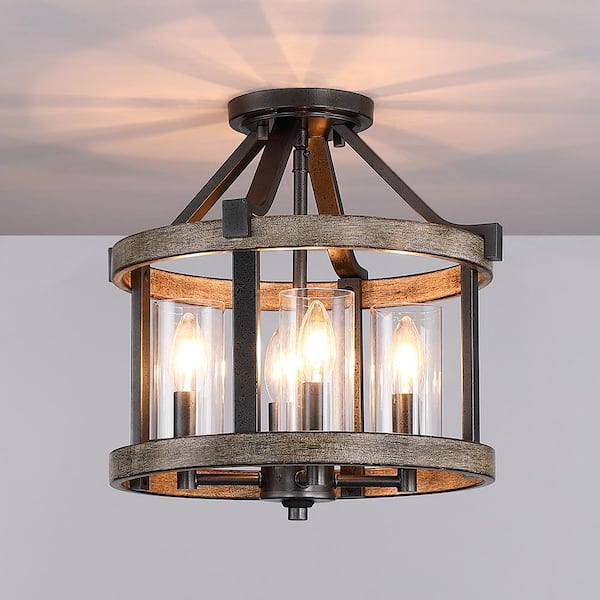 Madison 12.5 in. 4-Light Natural Iron and Distressed Faux Wood Modern Farmhouse Semi-Flush Mount Ceiling Light