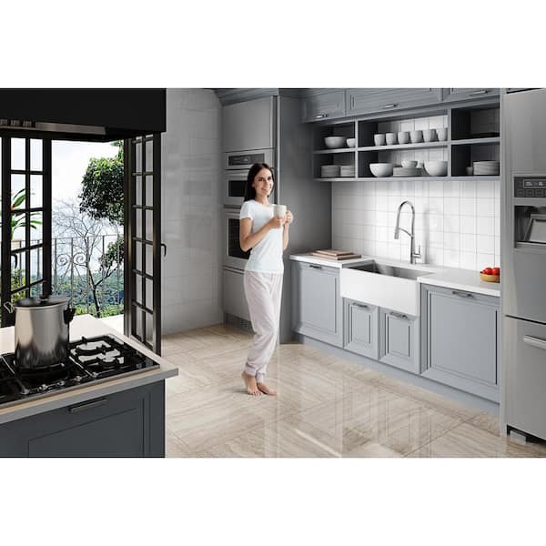 Nepal Matte White Solid Surface 33 in. Single Bowl Farmhouse Apron Kitchen Sink with Stainless Steel Interior
