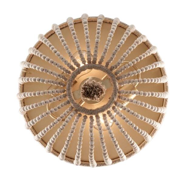 Taylan 14 in. 2-Light Antique Gold Semi Flush Mount Ceiling Light Fixture with Jute Rope and Wood Beaded Shade