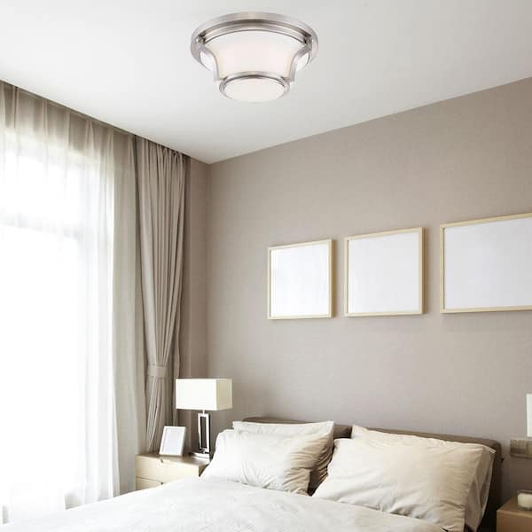 12 in. 120-Watt Equivalent Brushed Nickel 3000K CCT LED Ceiling Light Flush Mount with Frosted White Glass Shade