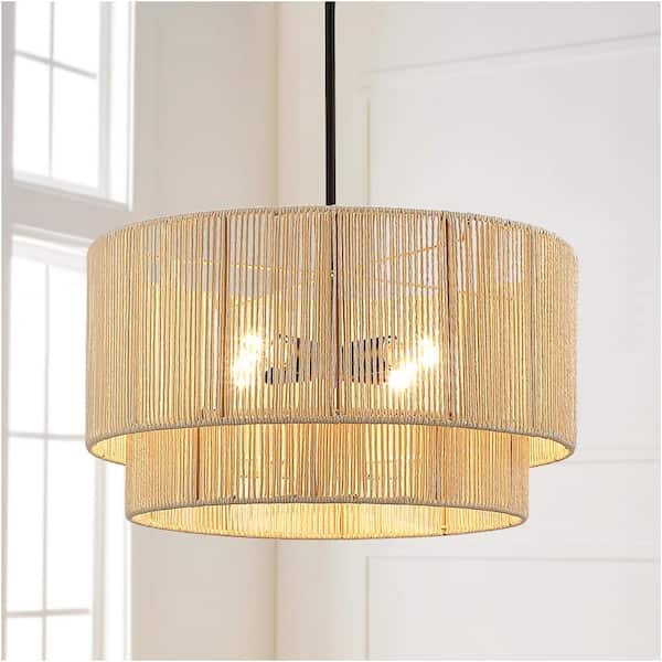 22 in. 4-Light Rattan Tiered Drum Pendant Chandelier Light with Black Canopy