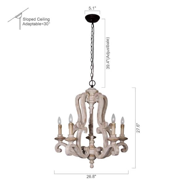 Bella 5-Light Antique Distressed Wood Empire Farmhouse Candlestick Chandelier