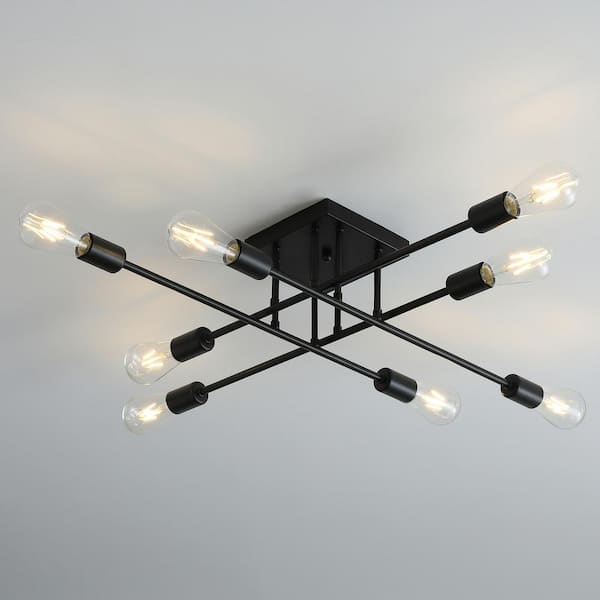 27.1in. 8-Light Black Sputnik Modern Linear Semi-Flush Mount